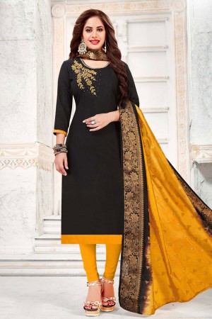 Excellent Black Cotton Embroidered Casual Salwar Suit With Banarasi Silk Dupatta