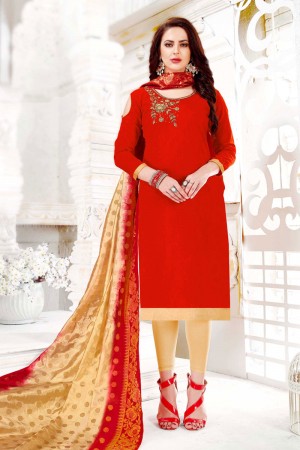 Ultimate Red Cotton Embroidered Casual Salwar Suit With Banarasi Silk Dupatta