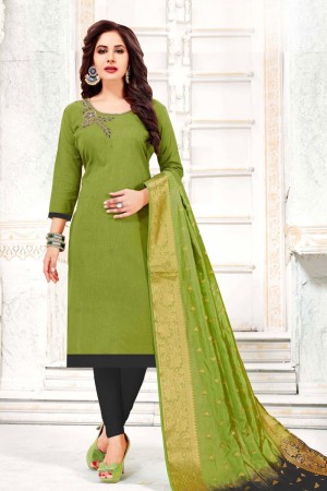 Beautiful Green Cotton Embroidered Casual Salwar Suit With Banarasi Silk Dupatta