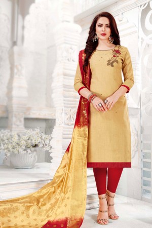 Charming Beige Cotton Embroidered Casual Salwar Suit With Banarasi Silk Dupatta