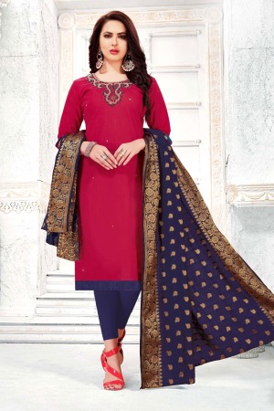 Admirable Pink Cotton Embroidered Casual Salwar Suit With Banarasi Silk Dupatta