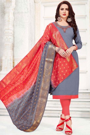 Supreme Grey Cotton Embroidered Casual Salwar Suit With Banarasi Silk Dupatta