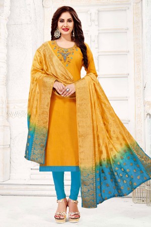 Classic Yellow Cotton Embroidered Casual Salwar Suit With Banarasi Silk Dupatta