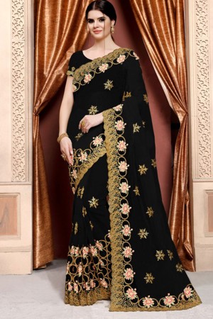 Pretty Black Net Embroidered Designer Saree With Net Blouse