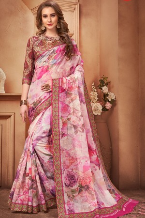 Lovely Pink Linen Printed Saree With Linen Blouse