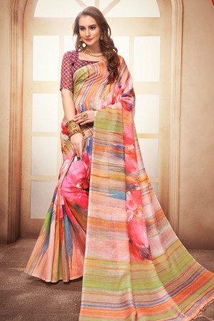 Stylish Pink and Green Linen Printed Saree With Linen Blouse