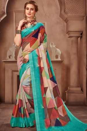 Optimum Turquoise Linen Printed Saree With Linen Blouse