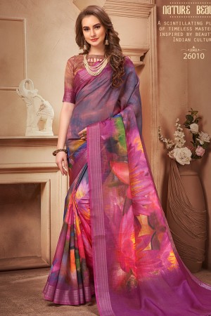 Pretty Purple Linen Printed Saree With Linen Blouse