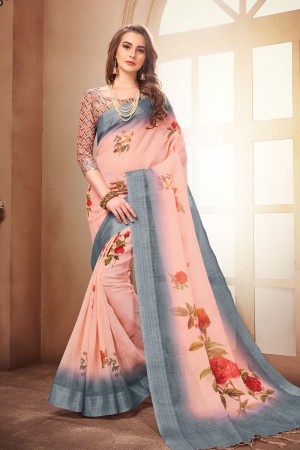 Charming Peach Linen Printed Saree With Linen Blouse