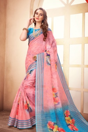 Gorgeous Peach and Blue Linen Printed Saree With Linen Blouse