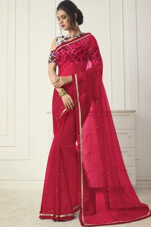 Pretty Red Net Saree With Satin and Silk Blouse