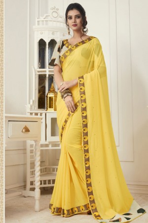 Gorgeous Yellow Chiffon Saree With Satin and Silk Blouse