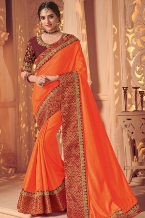 Lovely Orange Silk Border Work Saree With Silk Blouse
