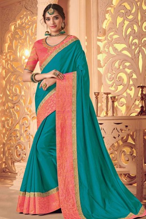 Admirable Turquoise Silk Border Work Saree With Silk Blouse