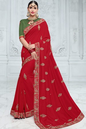 Admirable Red Chiffon Embroidered Saree With Chiffon Blouse