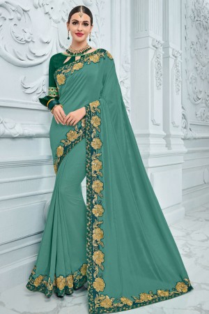 Stylish Teal Silk Embroidered Saree With Silk Blouse