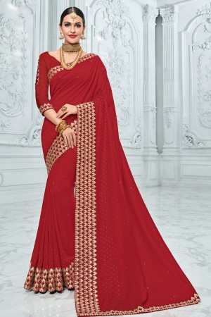 Classic Maroon Embroidered Silk Saree With Silk Blouse