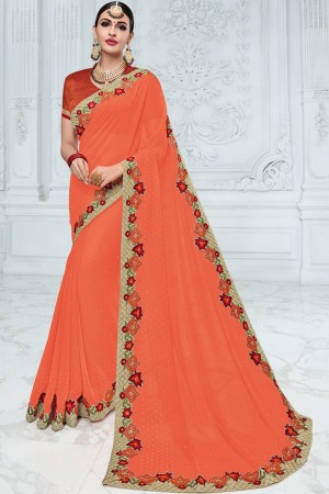 Beautiful Peach Georgette Embroidered Saree With Georgette Blouse