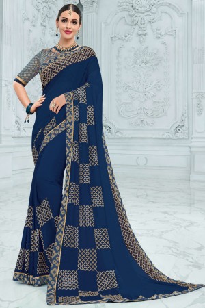 Lovely Blue Georgette Embroidered Saree With Georgette Blouse
