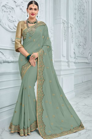 Graceful Grey Georgette Embroidered Saree With Georgette Blouse