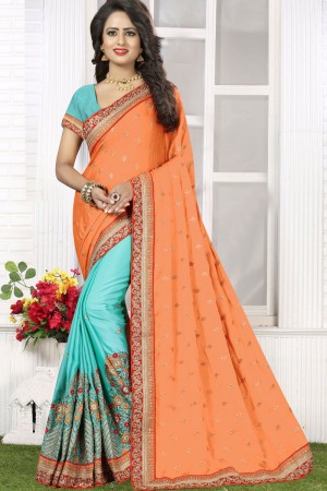 Graceful Orange and Blue Silk Embroidery Worked Saree