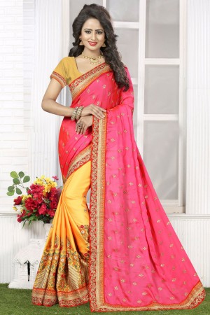 Classic Pink and Yellow Embroidery Worked Designer Saree