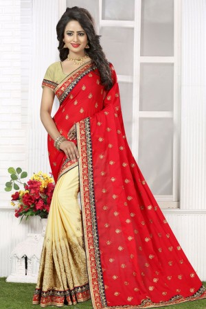 Supreme Red and Beige Georgette Embroidery Worked Saree