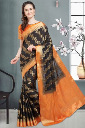 Stylish Black and Orange Woven Worked Designer Saree