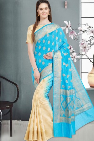 Excellent Sky Blue and Cream Banarasi Woven Worked Saree