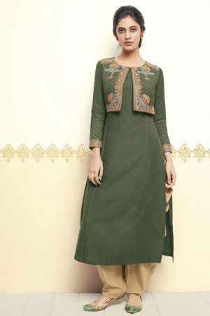 Admirable Mehendi Green Cotton Designer Thread Work Kurti