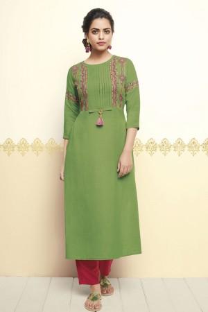 Lovely Green Cotton Designer Thread Work Kurti