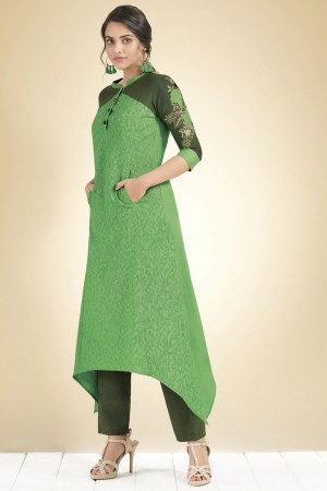 Charming Green Cotton Designer Party Wear Kurti