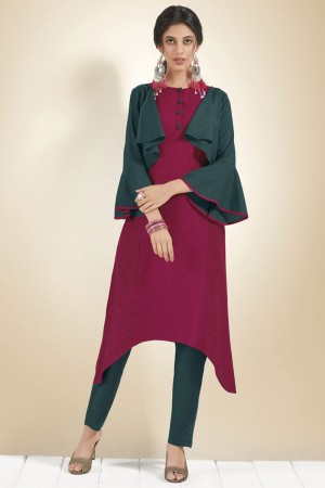 Ultimate Maroon and Teal Cotton Designer Party Wear Kurti