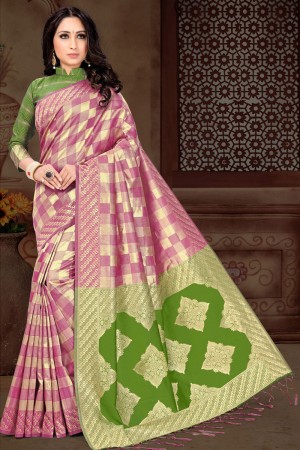 Lovely Pink and Green Art Silk Zari Work Saree With Art Silk Blouse