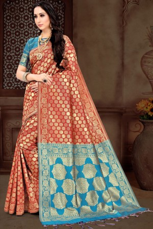 Admirable Red and Blue Art Silk Zari Work Saree With Art Silk Blouse