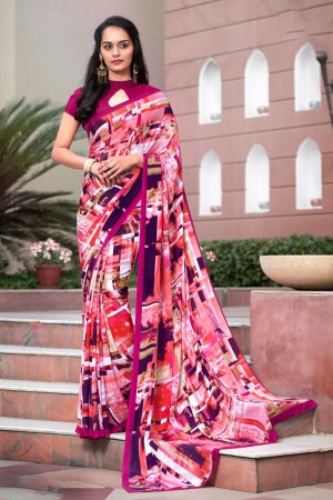 Beautiful Pink and Purple Casual Printed Designer Saree