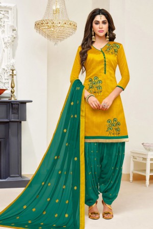 Excellent Yellow Cotton Printed Patiala Salwar Suit With Nazmin Dupatta