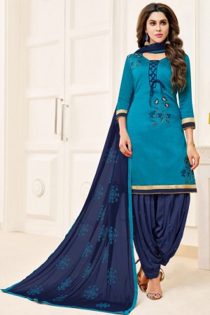 Gorgeous Blue Cotton Printed Patiala Salwar Suit With Nazmin Dupatta