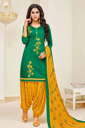 Desirable Green Cotton Printed Patiala Salwar Suit With Nazmin Dupatta