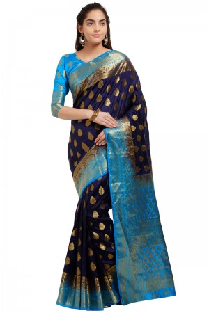 Pretty Navy Blue Banarasi Silk Saree