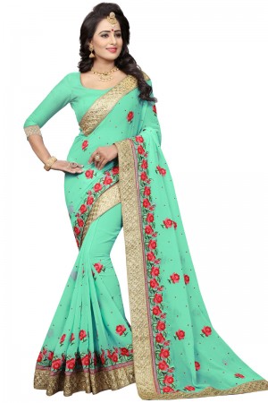 Pretty Turquoise Georgette Party Wear Saree