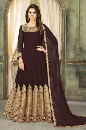 Pretty Brown Faux Georgette Embroidered Designer Anarkali Salwar Suit