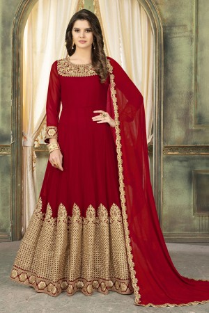 Desirable Red Faux Georgette Embroidered Designer Anarkali Salwar Suit