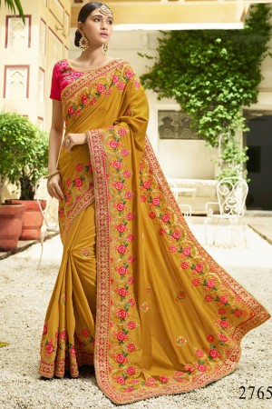 Admirable Mustard Maslin Embroidered Saree With Silk Blouse