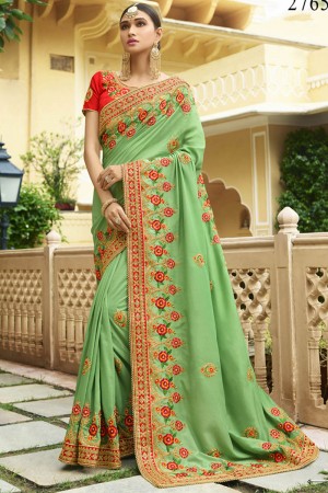 Pretty Green Maslin Embroidered Saree With Silk Blouse