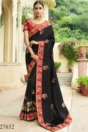 Stylish Black Silk Embroidered Saree
