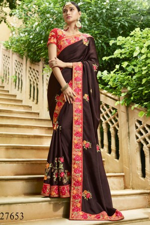 Gorgeous Brown Silk Embroidered Saree With Silk Blouse
