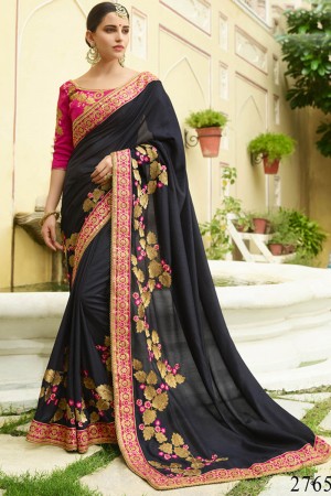 Classic Black Silk Embroidered Saree With Silk Blouse