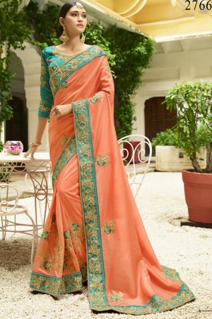Beautiful Peach Silk Embroidered Saree With Silk Blouse