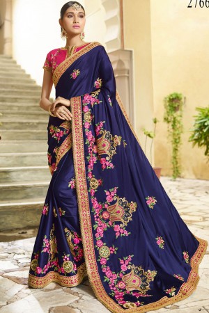 Gorgeous Blue Silk Embroidered Saree With Silk Blouse
